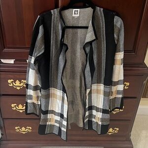 Anne Klein Women's Striped Open-Front Cardigan plaid black tan gray sweater